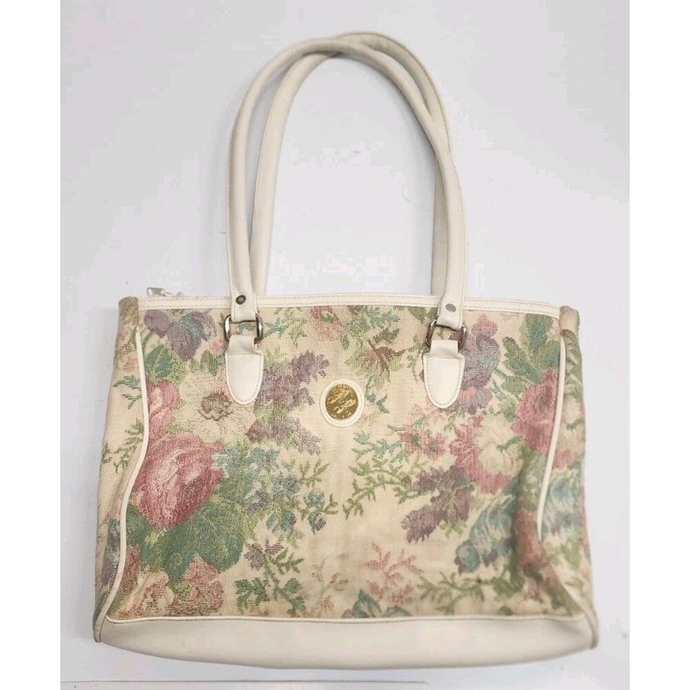 Vintage Mitzi Shoulder Bag Floral Tapestry Tote Cream Faux Leather Cottagecore